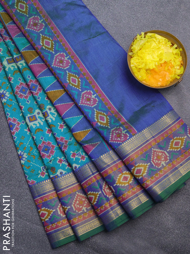 Semi tussar saree dual shade of teal blue and dual shade of blue with allover ikat prints and ikat woven zari border