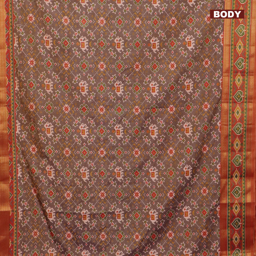 Semi tussar saree dual shade of brown and dual shade of rust with allover ikat prints and ikat woven zari border