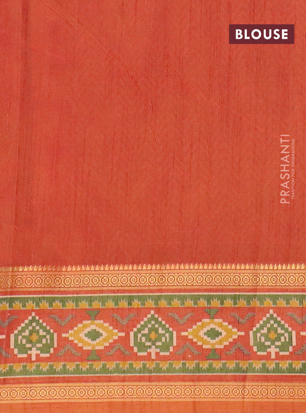 Semi tussar saree dual shade of brown and dual shade of rust with allover ikat prints and ikat woven zari border