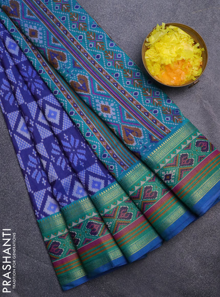 Semi tussar saree blue and teal green with allover ikat prints and ikat woven zari border