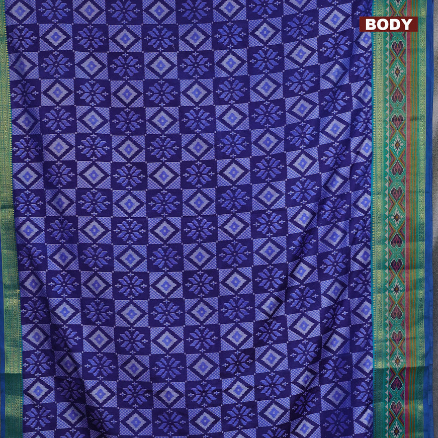 Semi tussar saree blue and teal green with allover ikat prints and ikat woven zari border