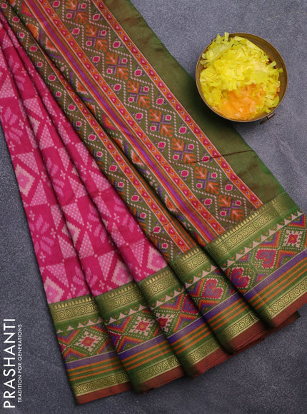 Semi tussar saree pink and dual shade of green with allover ikat prints and ikat woven zari border