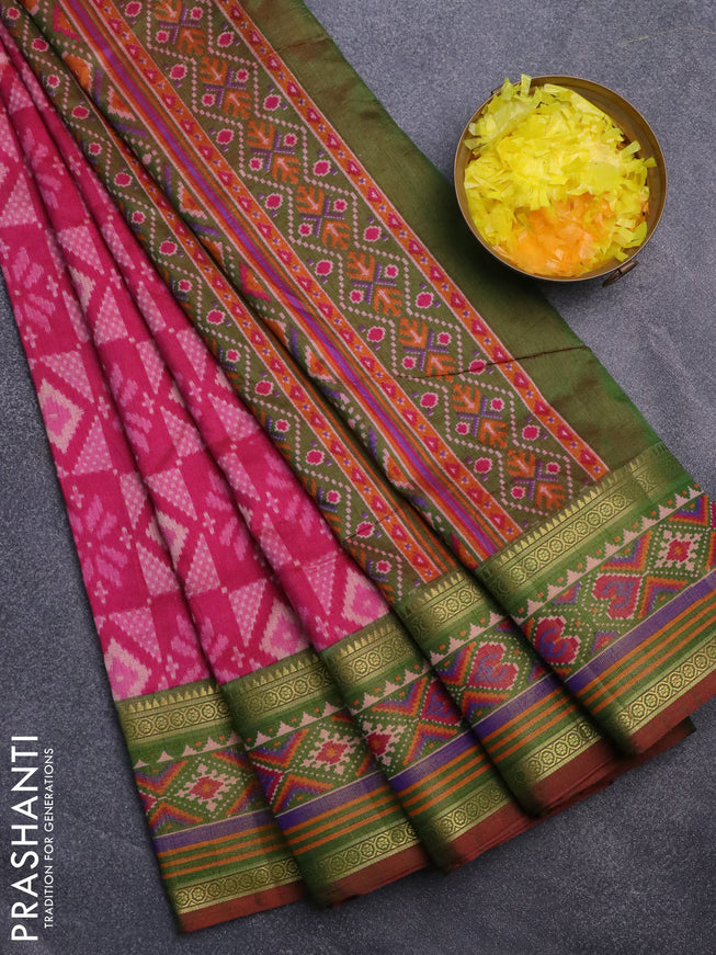 Semi tussar saree pink and dual shade of green with allover ikat prints and ikat woven zari border