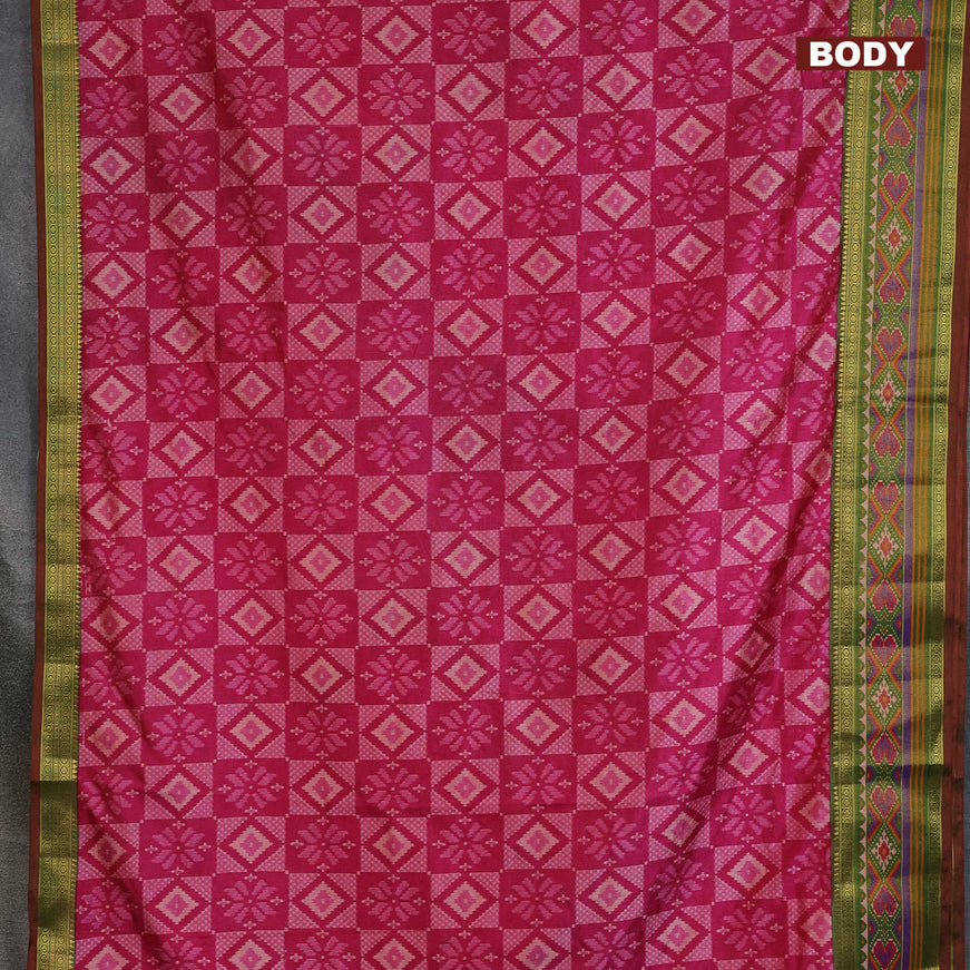 Semi tussar saree pink and dual shade of green with allover ikat prints and ikat woven zari border