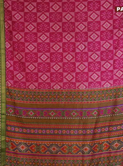 Semi tussar saree pink and dual shade of green with allover ikat prints and ikat woven zari border