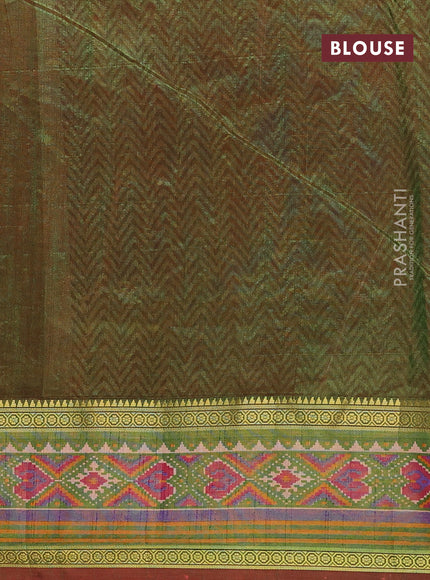 Semi tussar saree pink and dual shade of green with allover ikat prints and ikat woven zari border