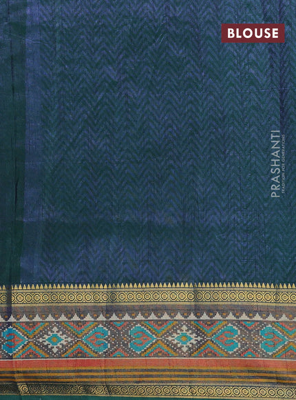 Semi tussar saree teal blue and dual shade of bluish green with allover ikat prints and ikat woven zari border