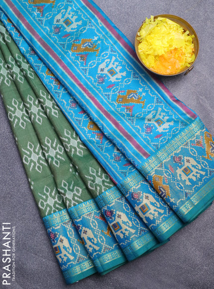 Semi tussar saree green and teal blue with allover ikat butta weaves and ikat woven zari border