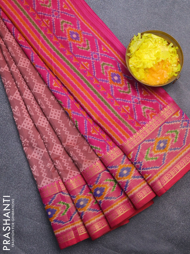 Semi tussar saree maroon shade and pink with allover patola prints and ikat woven zari border