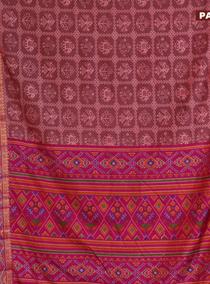 Semi tussar saree maroon shade and pink with allover patola prints and ikat woven zari border