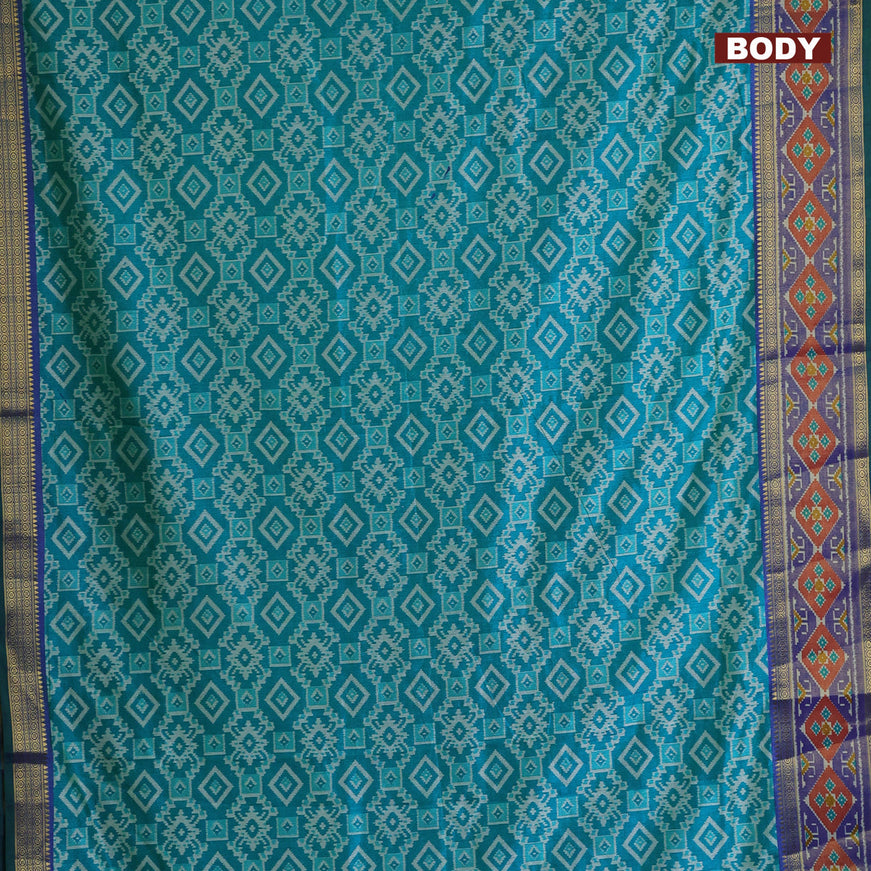 Semi tussar saree dual shade of teal blue and dual shade of blue with allover ikat prints and zari woven border