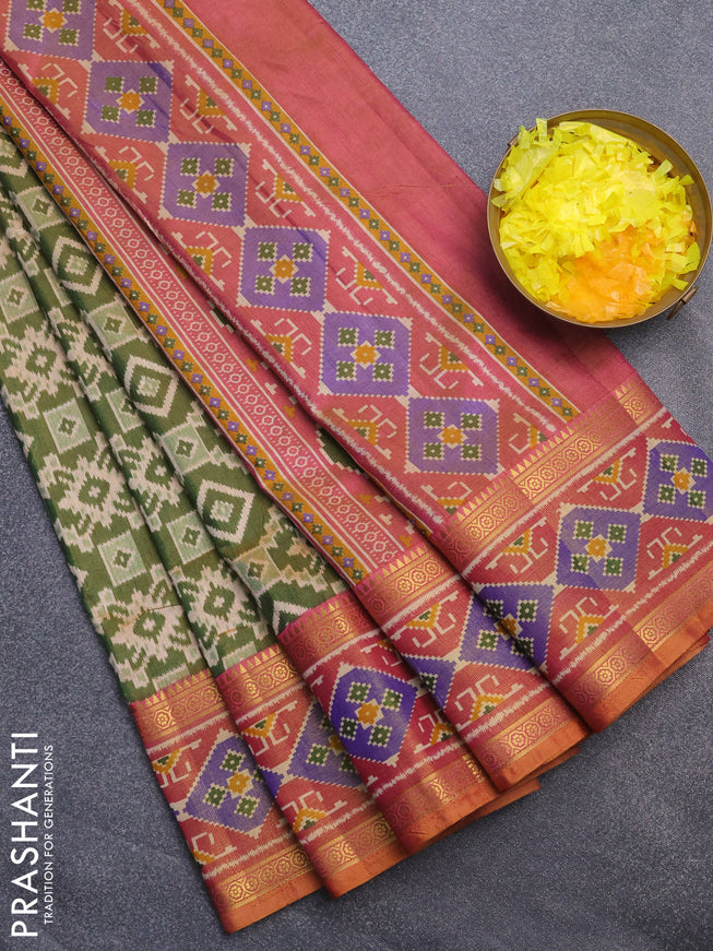 Semi tussar saree dual shade of green and dual shade of pink with allover ikat prints and zari woven border