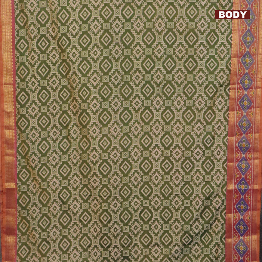 Semi tussar saree dual shade of green and dual shade of pink with allover ikat prints and zari woven border