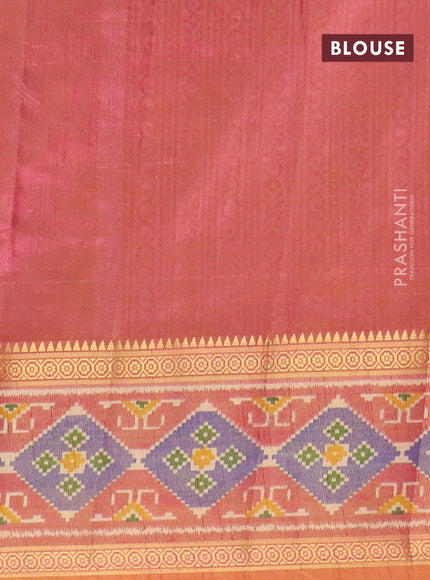 Semi tussar saree dual shade of green and dual shade of pink with allover ikat prints and zari woven border