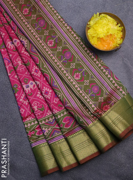 Semi tussar saree pink and dual shade of green with allover patola prints and zari woven border