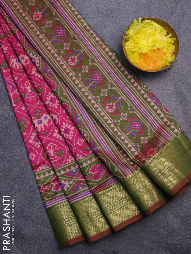 Semi tussar saree pink and dual shade of green with allover patola prints and zari woven border