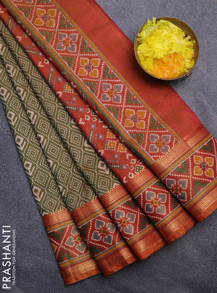 Semi tussar saree sap green and red shade with allover ikat prints and ikat woven zari border