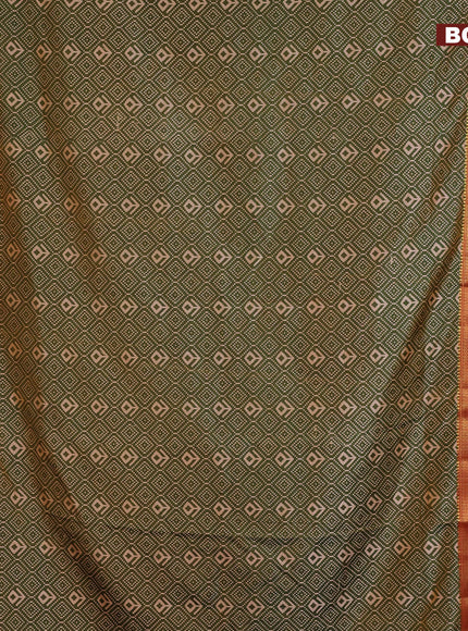 Semi tussar saree sap green and red shade with allover ikat prints and ikat woven zari border