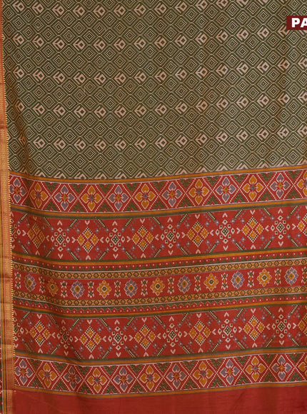 Semi tussar saree sap green and red shade with allover ikat prints and ikat woven zari border