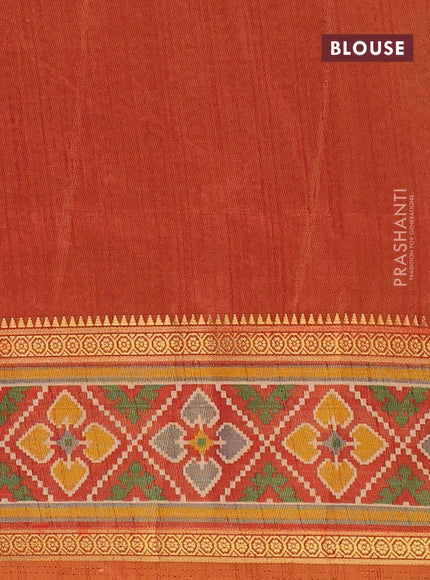 Semi tussar saree sap green and red shade with allover ikat prints and ikat woven zari border