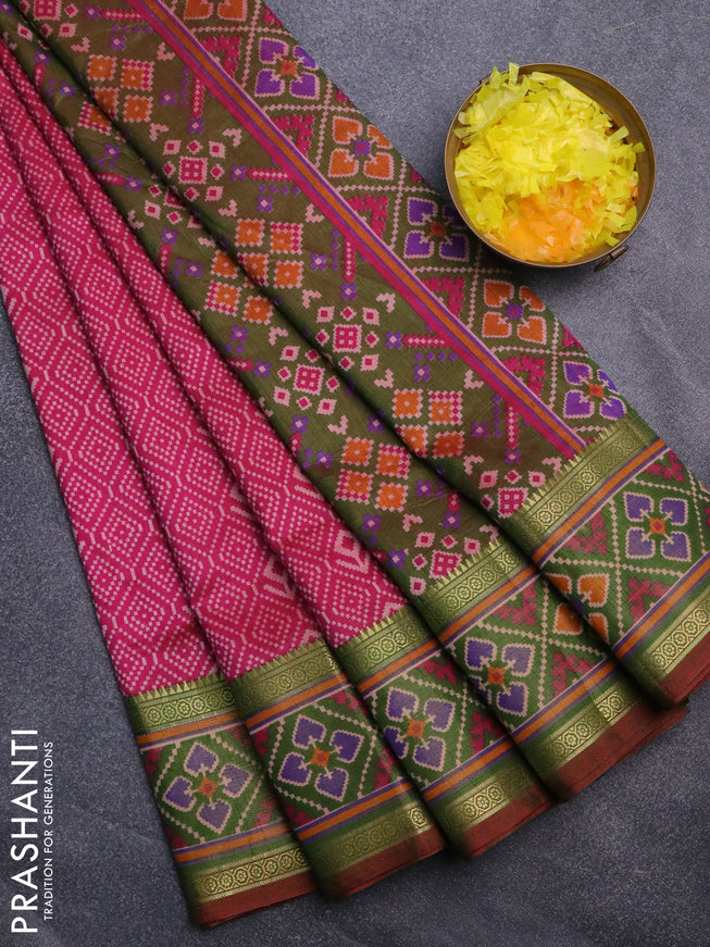 Semi tussar saree pink and dual shade of green with allover ikat prints and ikat woven zari border