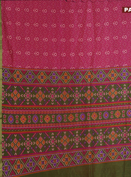 Semi tussar saree pink and dual shade of green with allover ikat prints and ikat woven zari border