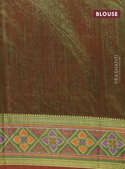 Semi tussar saree pink and dual shade of green with allover ikat prints and ikat woven zari border