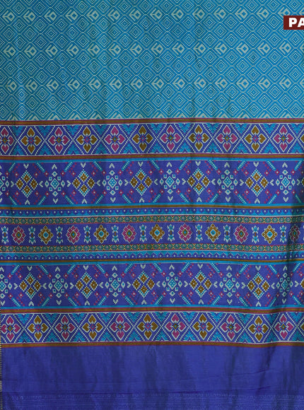 Semi tussar saree dual shade of cs blue and dual shade of blue with allover ikat prints and ikat woven zari border