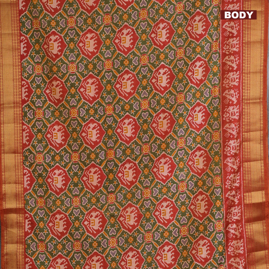 Semi tussar saree sap green and rust shade with allover patola prints and zari woven border