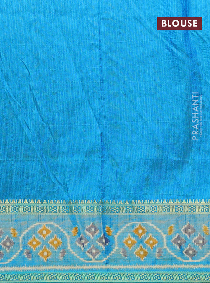 Semi tussar saree green and cs blue with allover ikat prints and ikat woven zari border