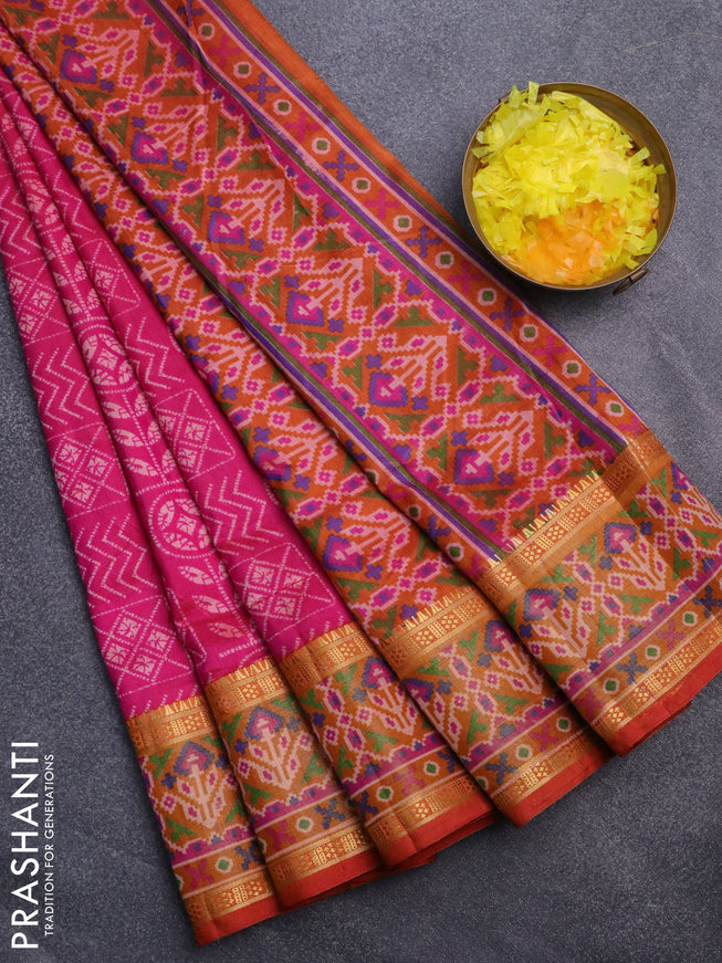 Semi tussar saree pink and dual shade of rust with allover ikat prints and ikat woven zari border