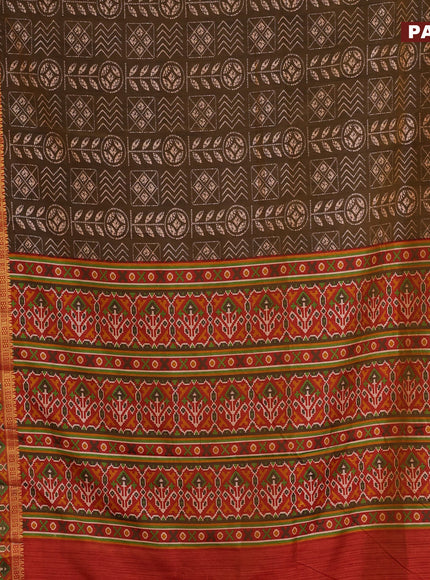 Semi tussar saree dual shade of brown and dual shade of rust with allover ikat prints and ikat woven zari border