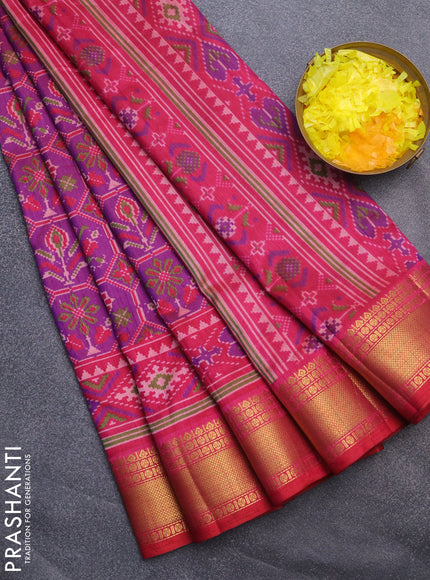 Semi tussar saree dual shade of purple and pink with allover ikat prints and zari woven border