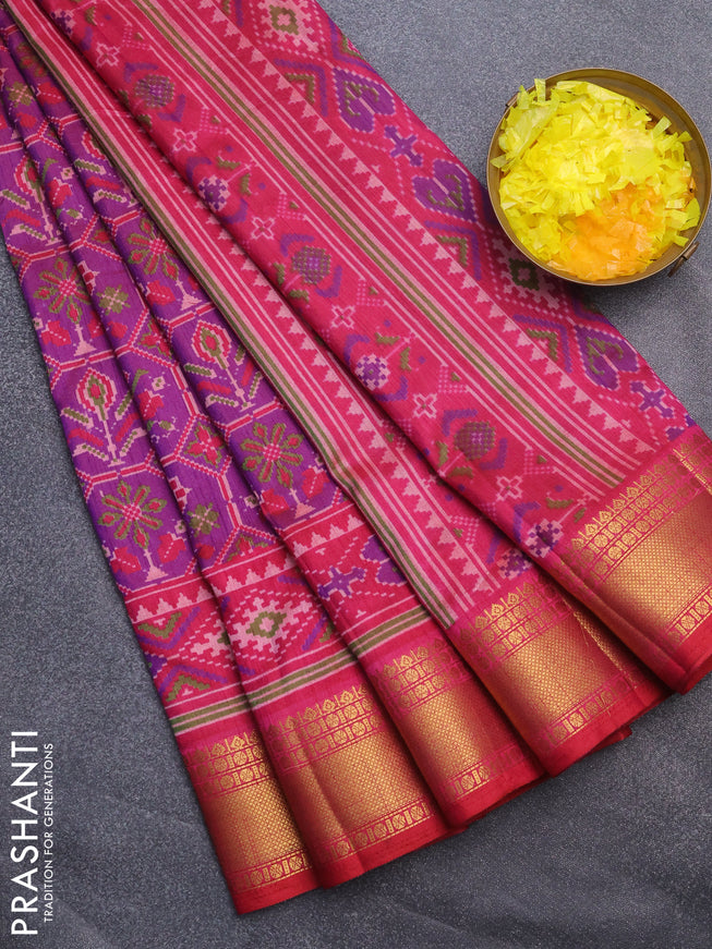 Semi tussar saree dual shade of purple and pink with allover ikat prints and zari woven border