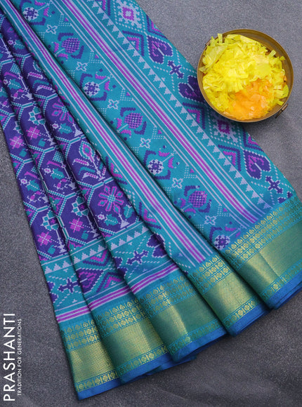 Semi tussar saree dark blue and teal blue with allover ikat prints and zari woven border