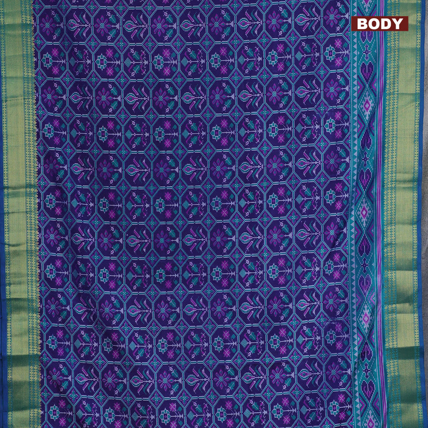 Semi tussar saree dark blue and teal blue with allover ikat prints and zari woven border