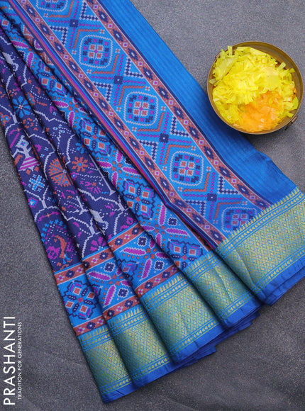 Semi tussar saree dark blue and light blue with allover ikat prints and zari woven border