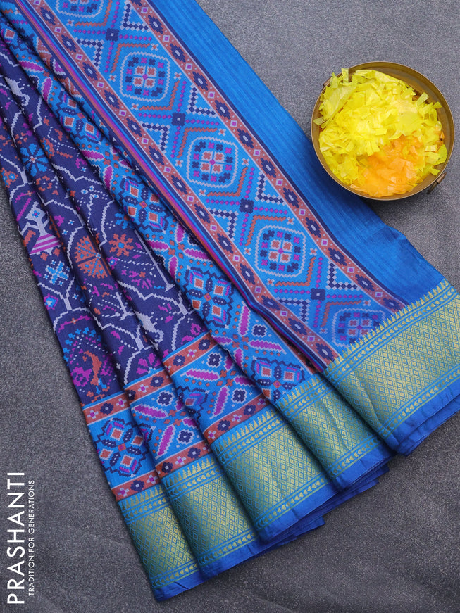 Semi tussar saree dark blue and light blue with allover ikat prints and zari woven border