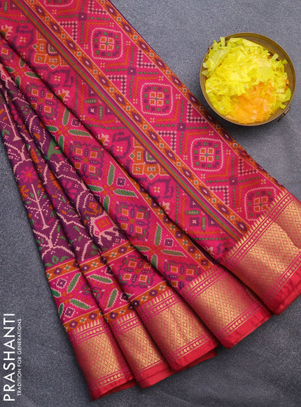 Semi tussar saree dual shade of magenta pink and pink with allover ikat prints and zari woven border