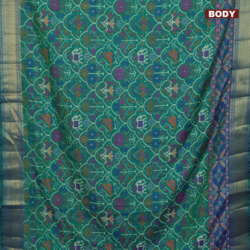 Semi tussar saree dual shade of green and dual shade of teal blue with allover ikat prints and zari woven border