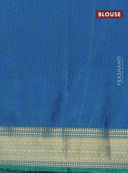 Semi tussar saree dual shade of green and dual shade of teal blue with allover ikat prints and zari woven border