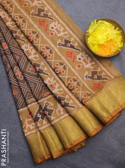 Semi tussar saree brown and dual shade of sandal with allover ikat prints and zari woven border