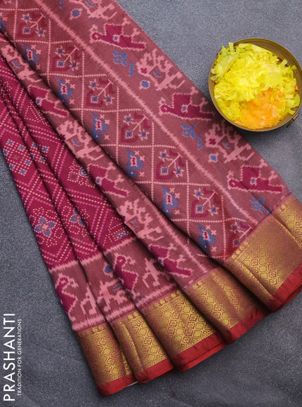 Semi tussar saree wine shade and brown shade with allover ikat prints and zari woven border