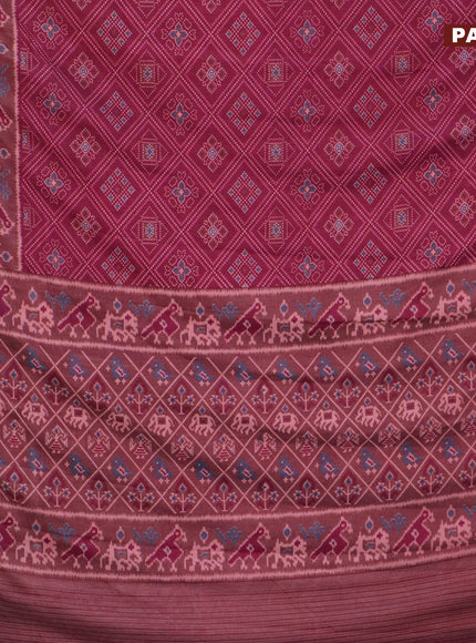 Semi tussar saree wine shade and brown shade with allover ikat prints and zari woven border