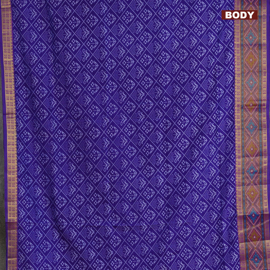 Semi tussar saree blue and purple with allover ikat prints and ikat woven zari border