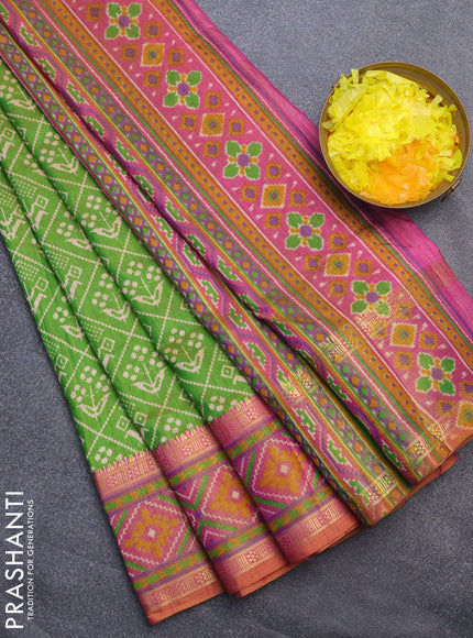 Semi tussar saree light green and dual shade of pink with allover ikat prints and ikat woven zari border