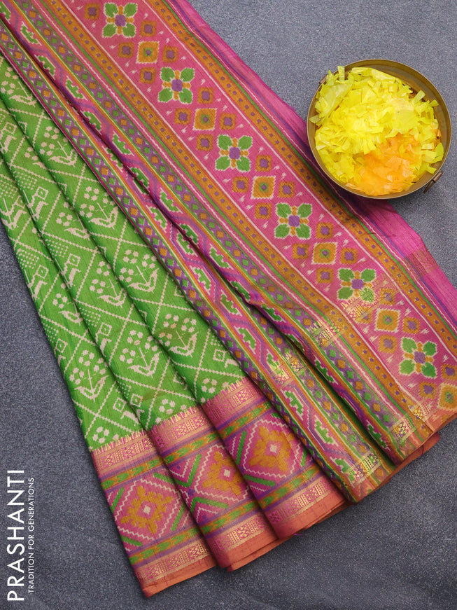 Semi tussar saree light green and dual shade of pink with allover ikat prints and ikat woven zari border