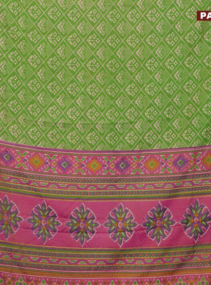 Semi tussar saree light green and dual shade of pink with allover ikat prints and ikat woven zari border