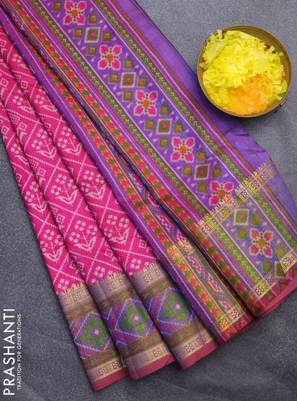 Semi tussar saree pink and dual shade of violet with allover ikat prints and ikat woven zari border