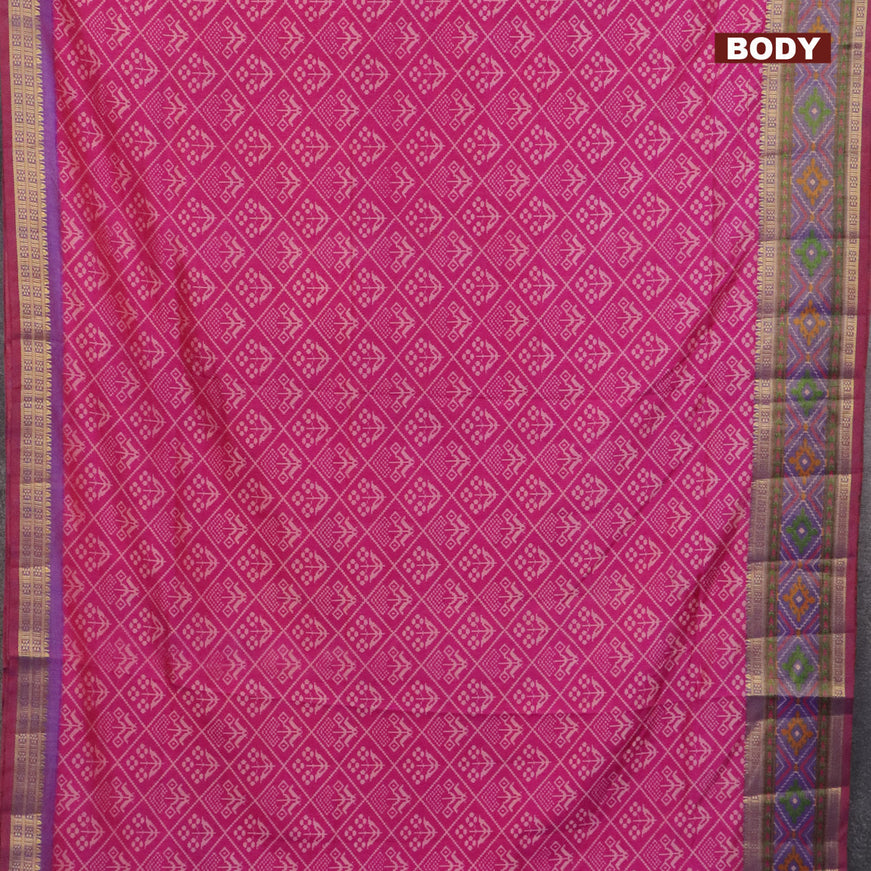 Semi tussar saree pink and dual shade of violet with allover ikat prints and ikat woven zari border